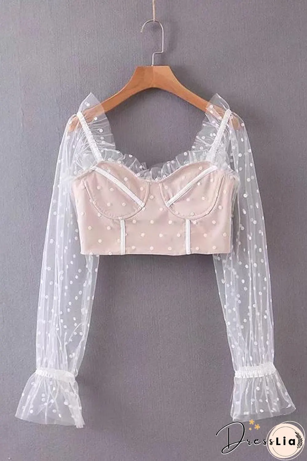 Dot See Though Long Sleeve Crop Top