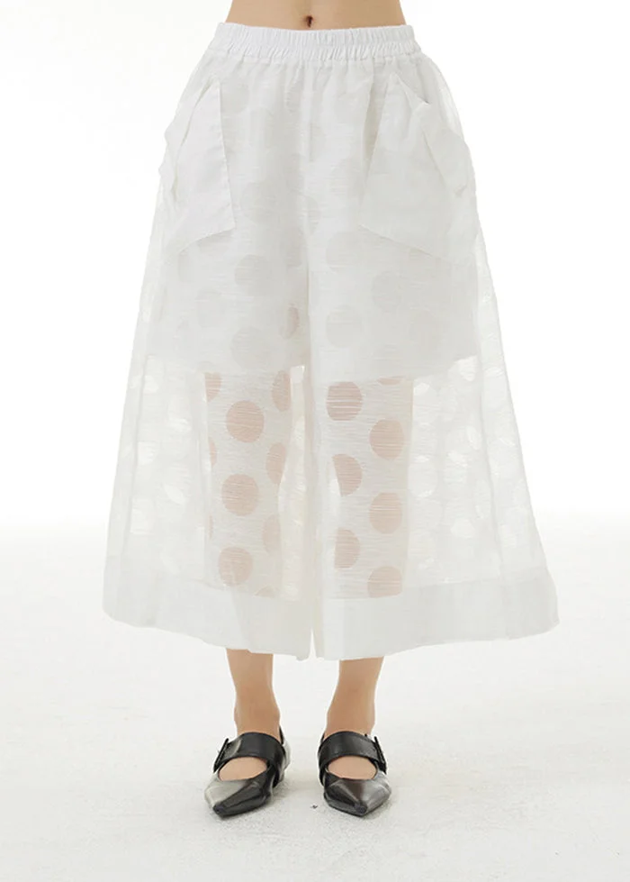 5.1White Patchwork Tulle Wide Leg Pants Oversized Hollow Out Summer