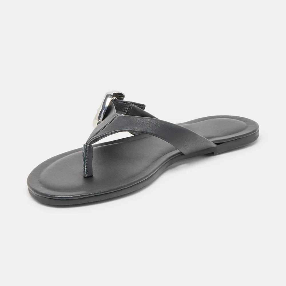 Vegan Leather Open Toe Buckle Flip Flop Black Sandals for Women
