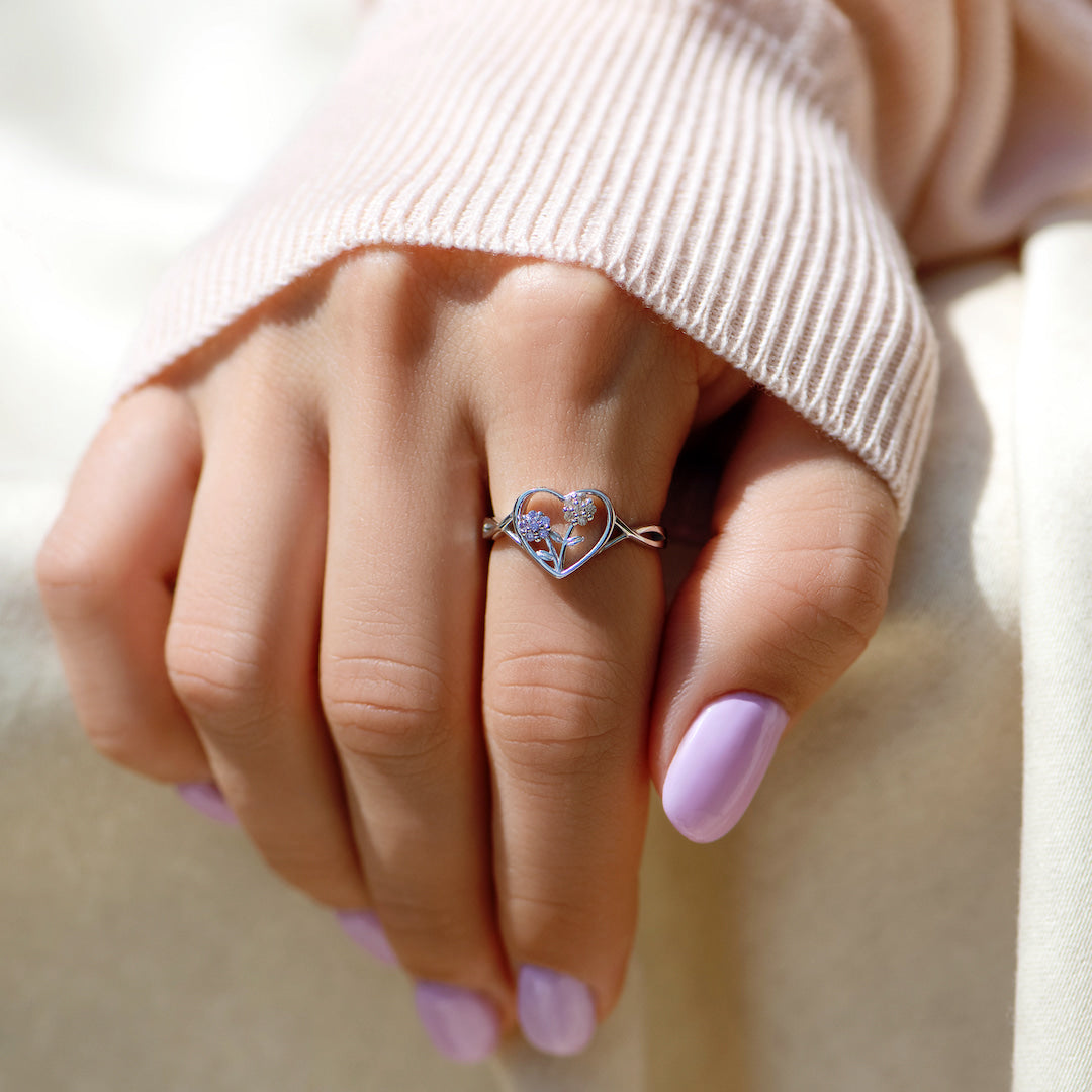 Mama's Heartbeats 1-5 Birthstones Flower Heart Ring
