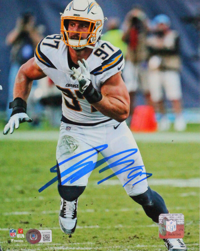 Joey Bosa Autographed LA Chargers Running Close Up 8x10 FP Photo Poster painting- Beckett W*Blue