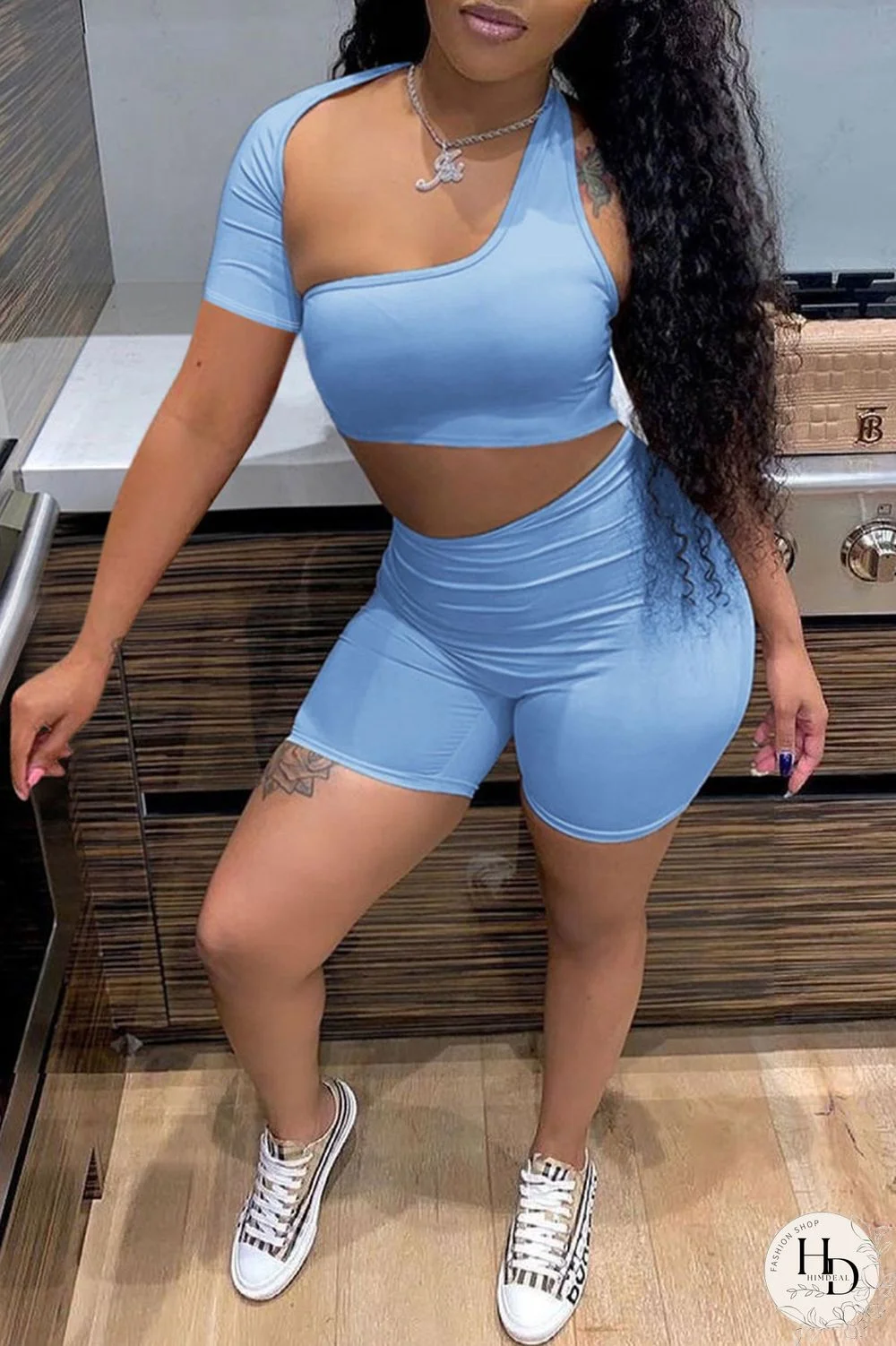 Blue Sexy Solid Hollowed Out Asymmetrical Collar Short Sleeve Two Pieces