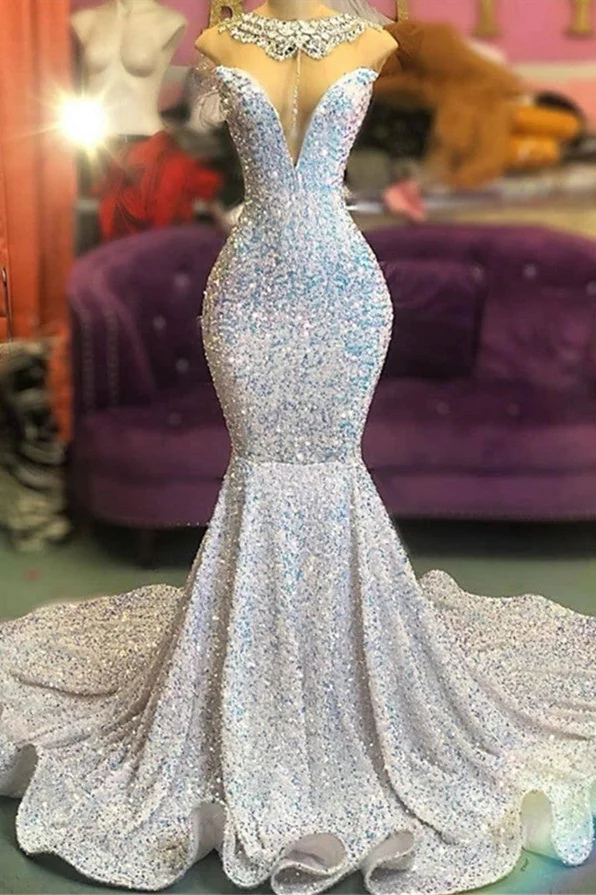 Mermaid Sequins Prom Dress Long With Crystal Necklace - lulusllly