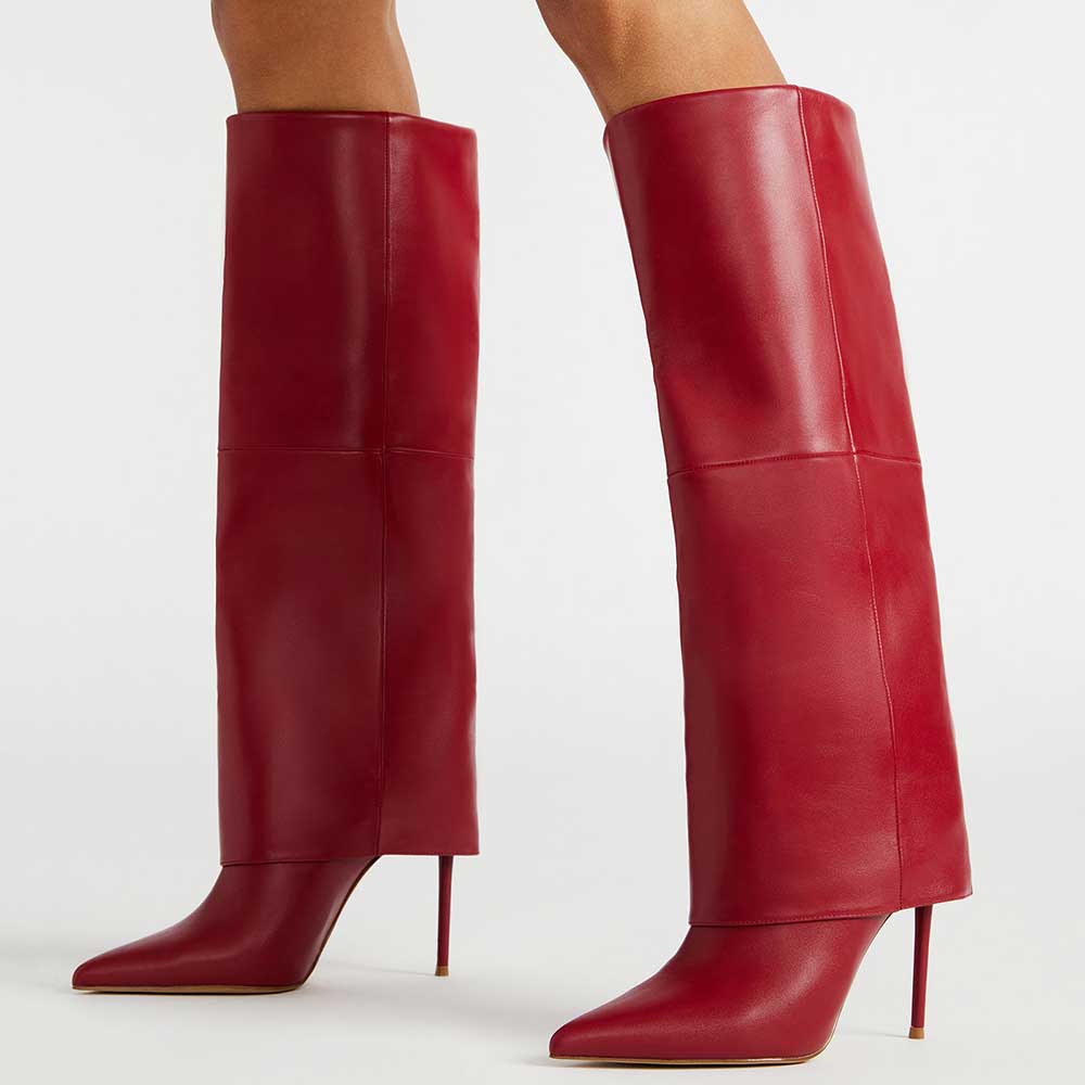 Red Vegan Leather Pointed Toe Stiletto Heel Fold-Over Knee High Boots Nicepairs