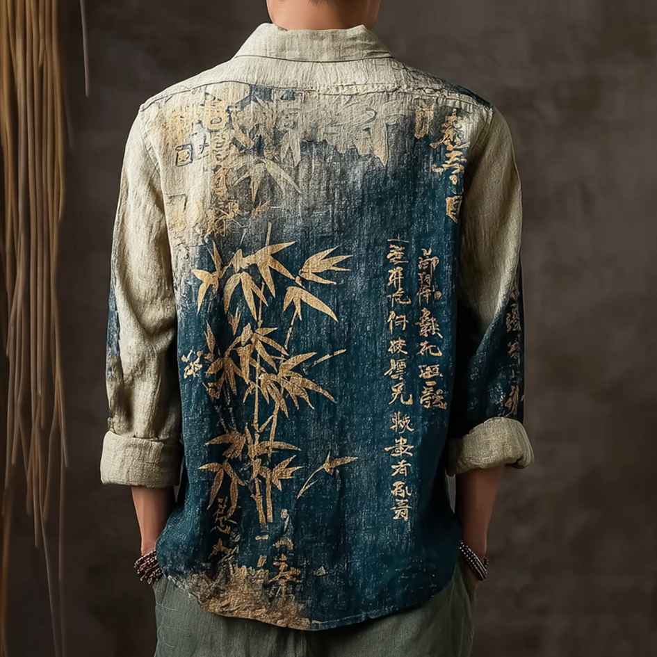 Japanese Art Retro Line Art Linen Casual Long-sleeve Shirt  artssus