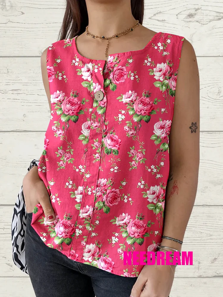 Womens Vintage Rose Floral Pattern Cotton and Linen Sleeveless Top