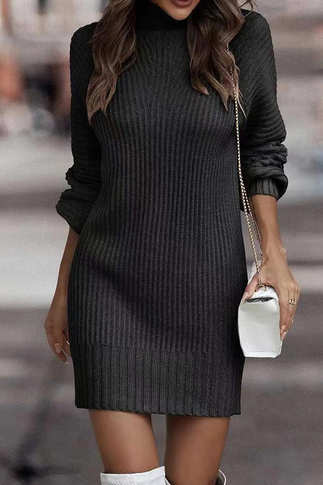 Turtleneck Solid Sweater Dress