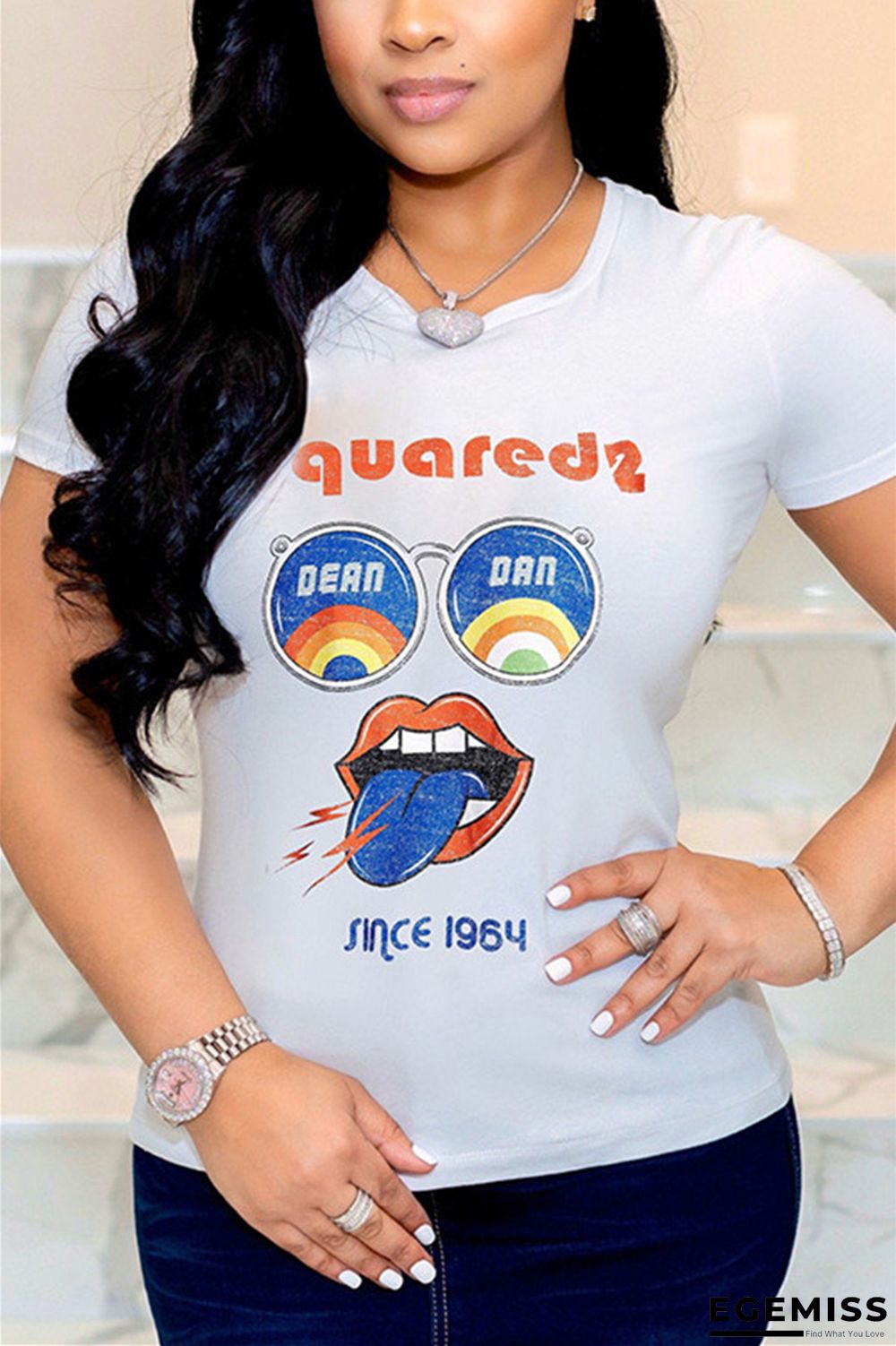 White Fashion Casual Print Short Sleeve T-shirt | EGEMISS