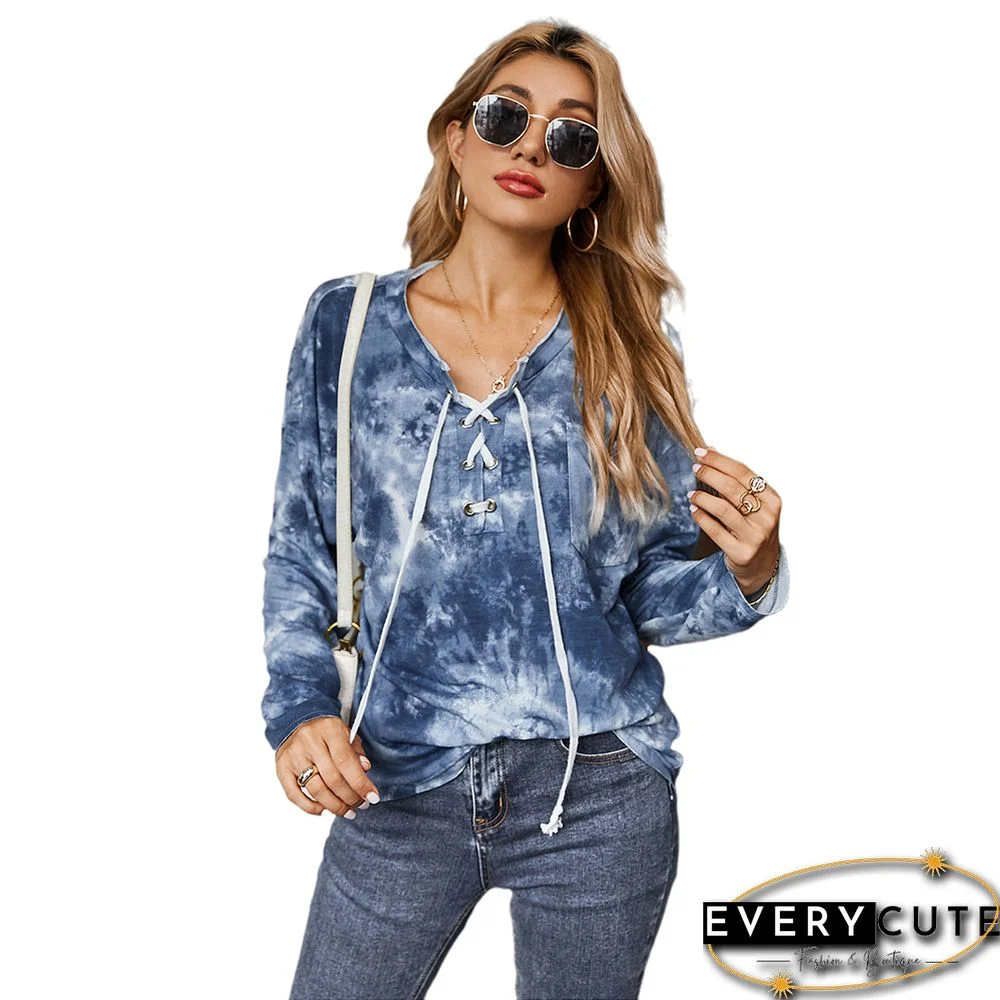 Navy Blue Tie Dye Long Sleeve Top with Rope Drawstring