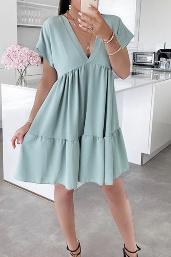 Comfortable Solid Color V Neck Short Sleeve Mini Dress