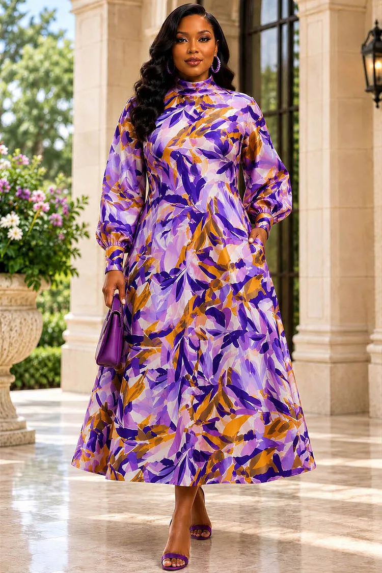Xpluswear Design Plus Size Wedding Guest Purple All Over Print Stand-Up Collar Lantern Sleeve Long Sleeve Pocket Midi Dresses [Pre-Order] 2024 - Xpluswear