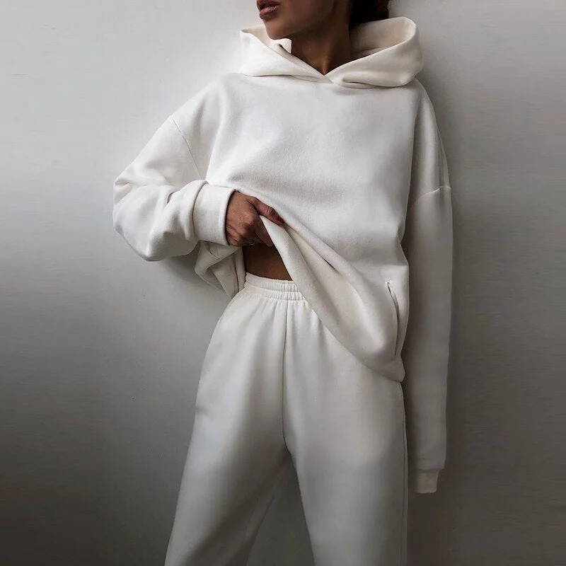 Oversize Hoodie Sweatshirts Women Winter Fleece Tracksuit Sets Solid Long Pant Matching 2 Pieces Sets Ladies Sweatshirt Pantsuit