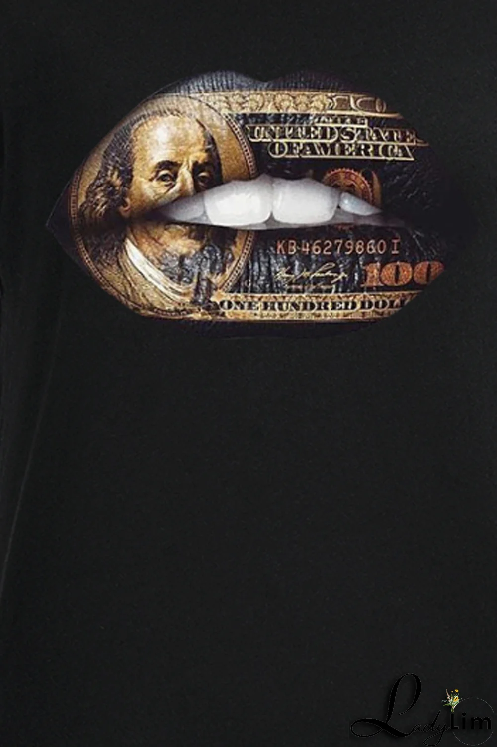 Black Fashion Street Lips Printed Patchwork O Neck T-Shirts