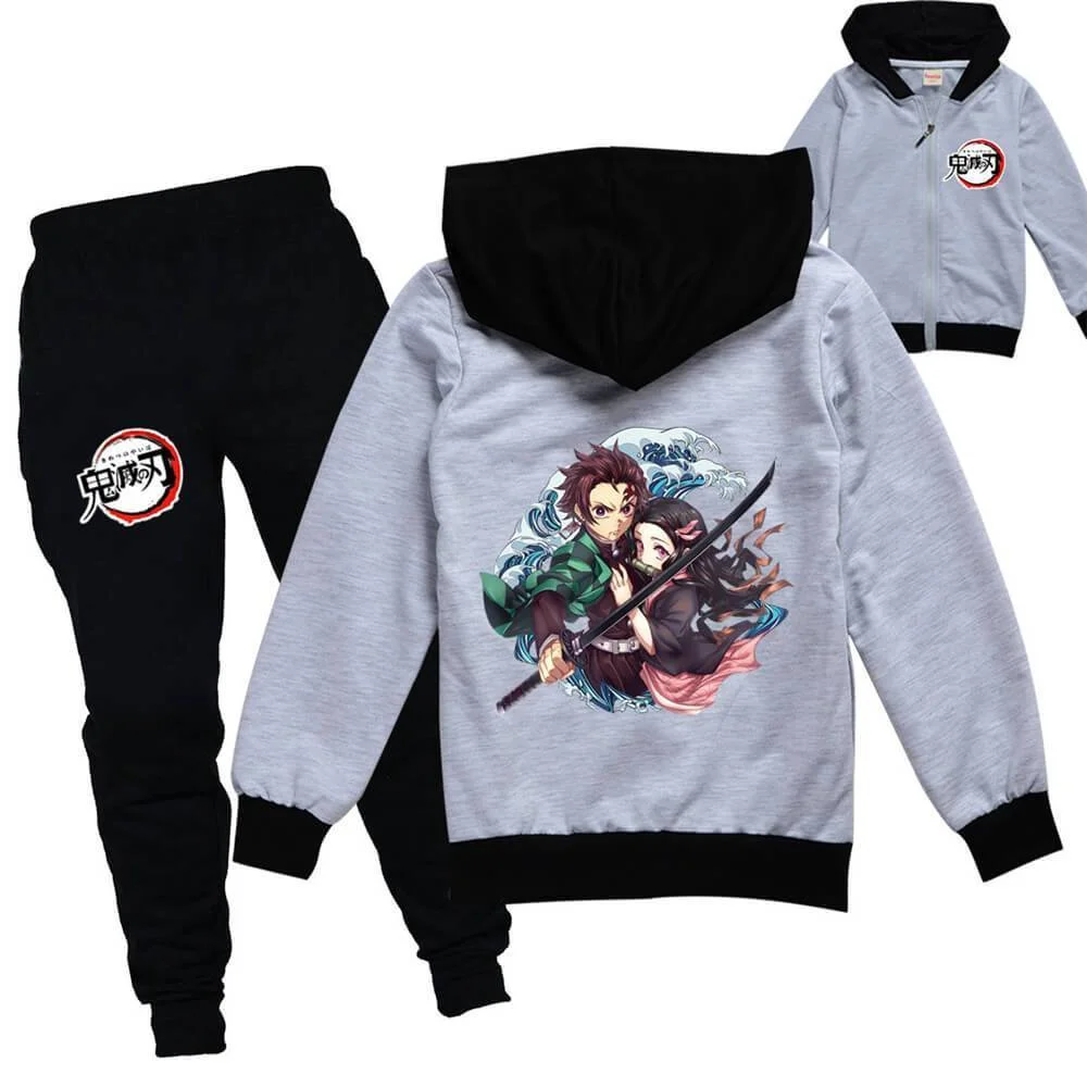 Girls Boys Demon Slayer Print Jacket And Joggers Hooded Outfit Suit