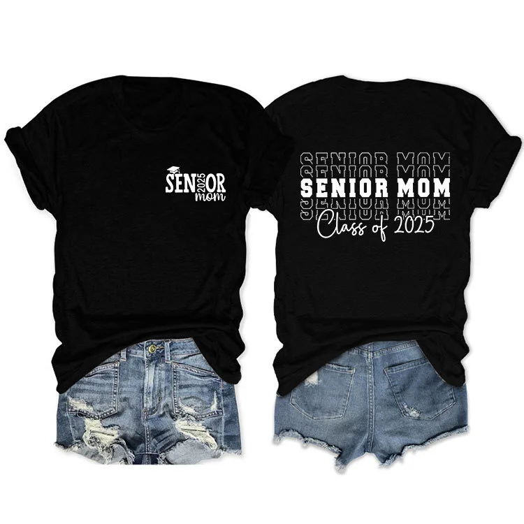 Women's senior mom class of 2025 Letter Print Holiday T-Shirts Crew-Neck