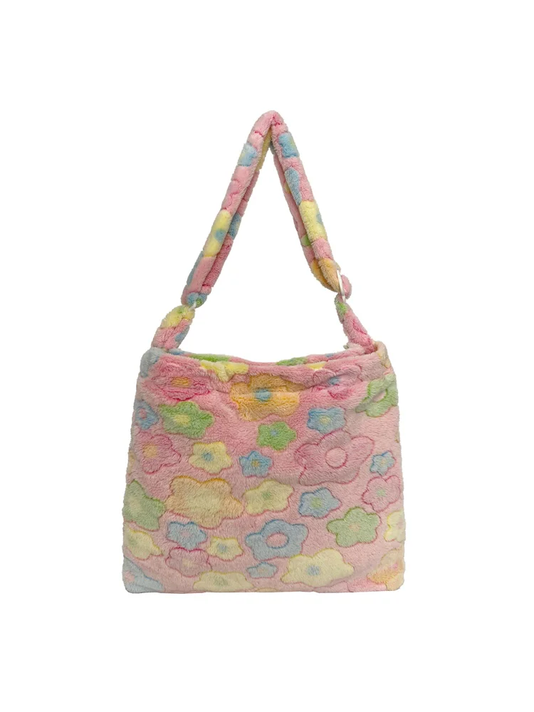 Cute Women Plush Floral Print Shoulder Messenger Bag Large Handbags (Pink)