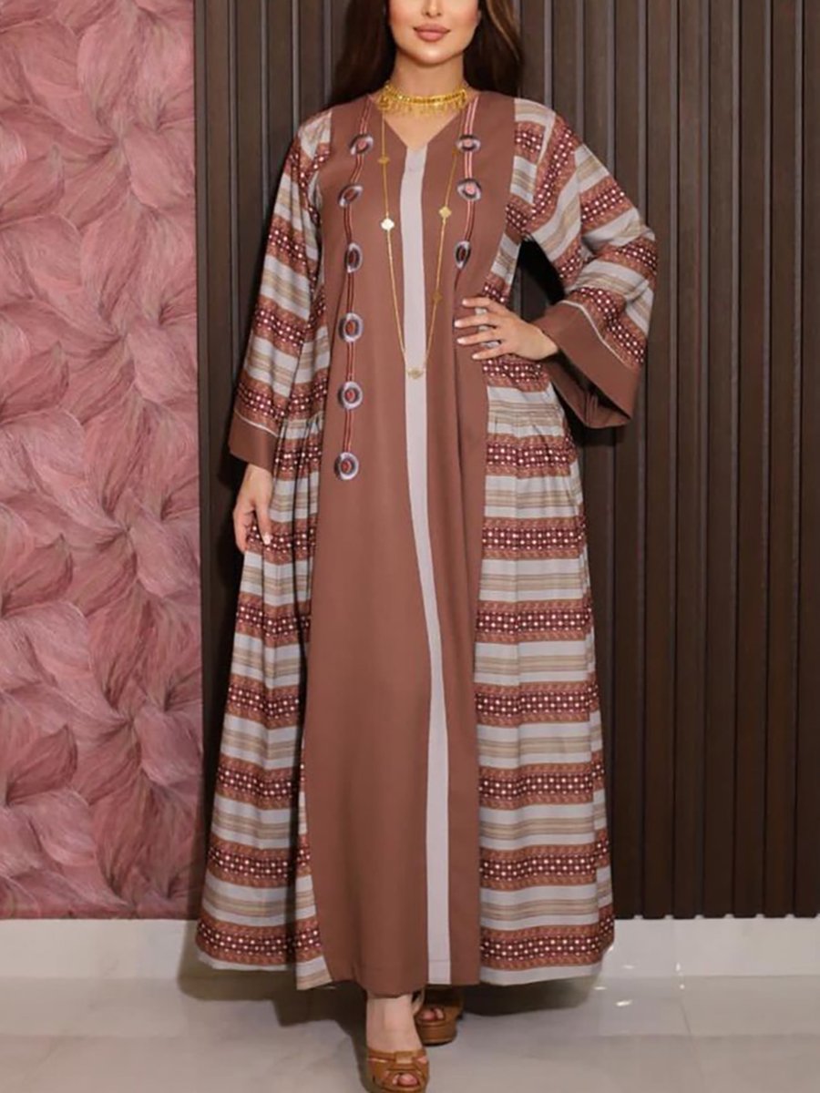 Stripes Print Embroidery V Neck Long Sleeve Elegant Dress | Oxredo Shop Ramadan Sale
