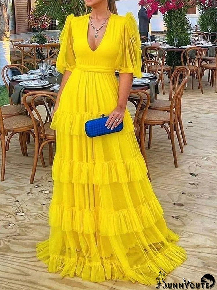 Women's Sexy V Neck Yellow Short Sleeves Slim Waist Maxi Gown Dress