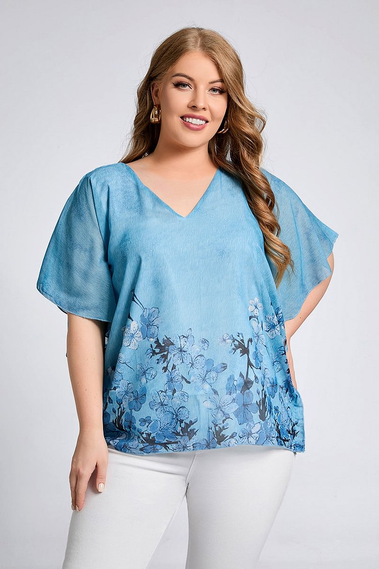 Flycurvy Plus Size Blue Floral Print V Neck Batwing Sleeve Casual Blouses  flycurvy [product_label]