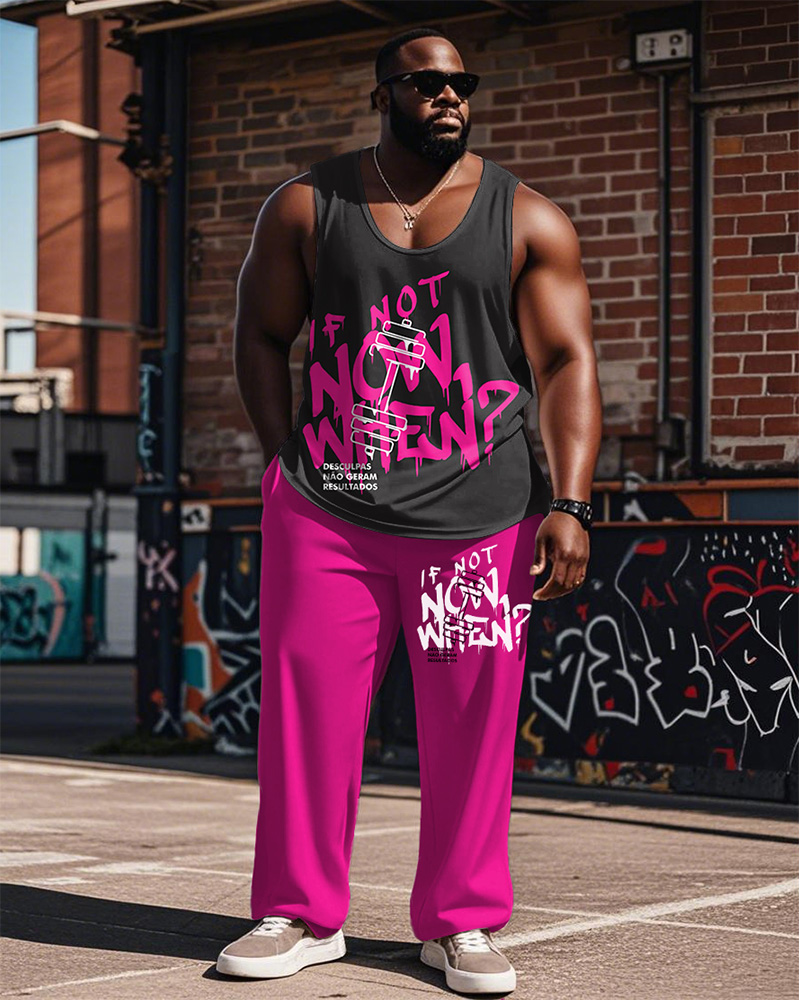 Men's Plus Size Street Fashion Graffiti Pink Letter Print Vest Trousers Suit