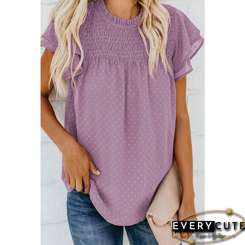 Purple Jacquard Layered Ruffle Short Sleeve Tops
