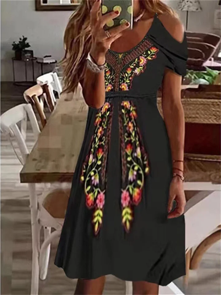 Women's Boho Dress Mini Dress Black Short Sleeve Floral Cold Shoulder Spring Summer Spaghetti Strap Vacation Weekend Loose Fit 2022 S M L XL XXL-Cosfine