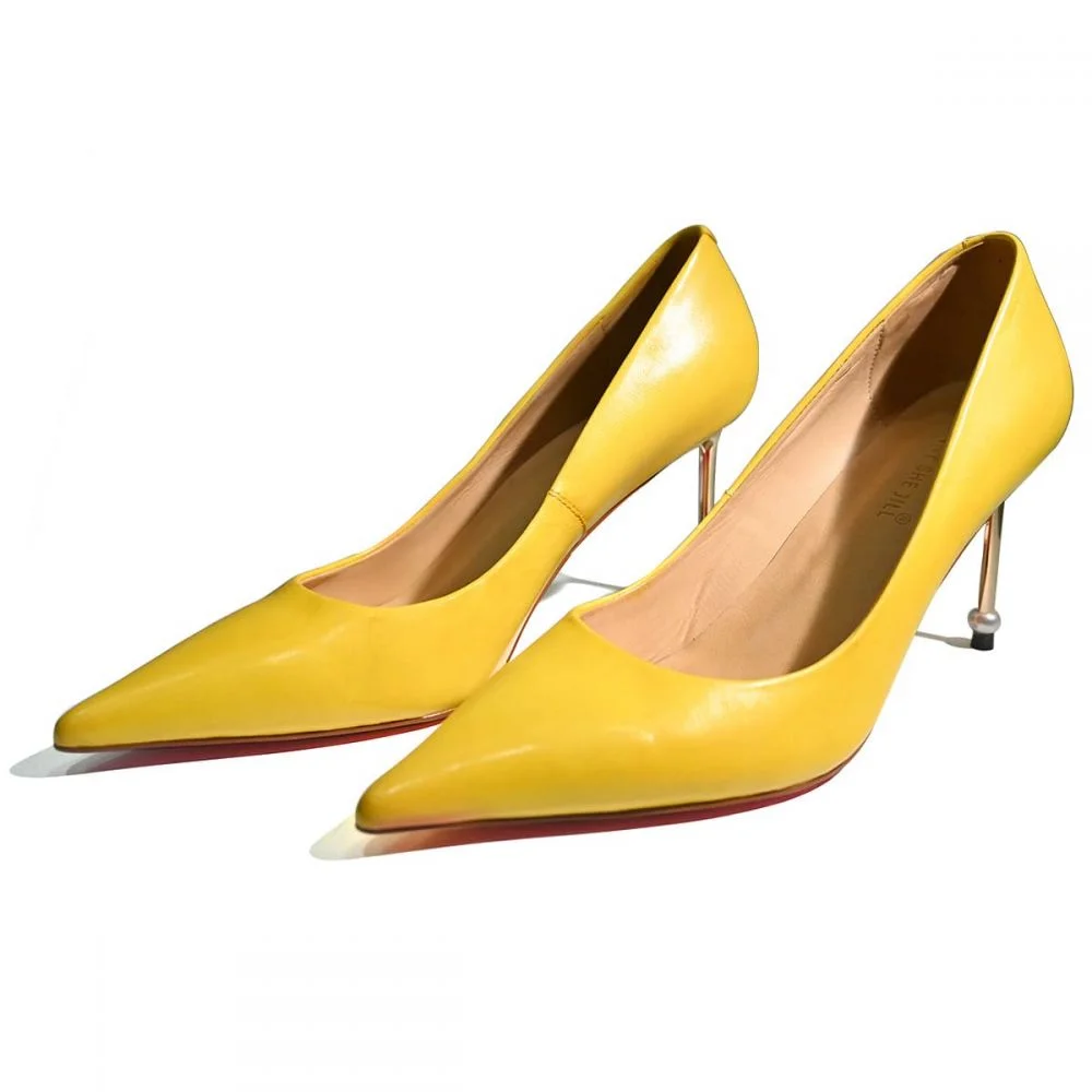 Yellow Leather Heels Decorative Heels Pointed Toe Stiletto Heels Pumps Nicepairs