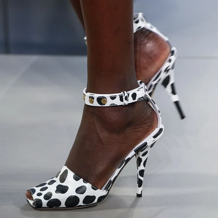 Black and White Ankle Strap Heels Peep Toe Animal Printed Pumps |FSJ Shoes