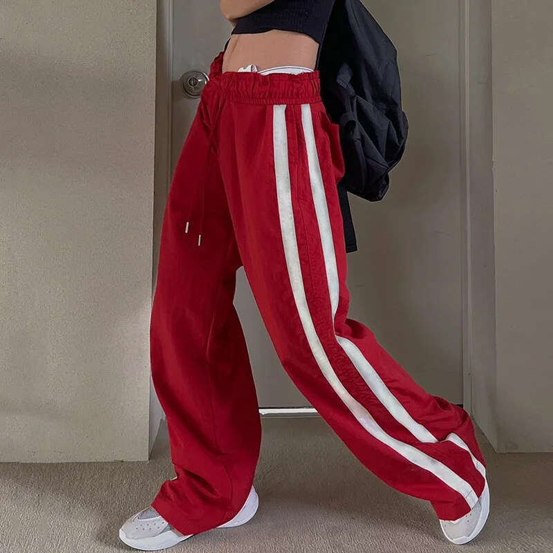 Uveng Baggy Jogging Sweatpants Elastic High Waist Side Stripe Casual Women Pants Streetwear Black Basic Trouser Korean Fashion