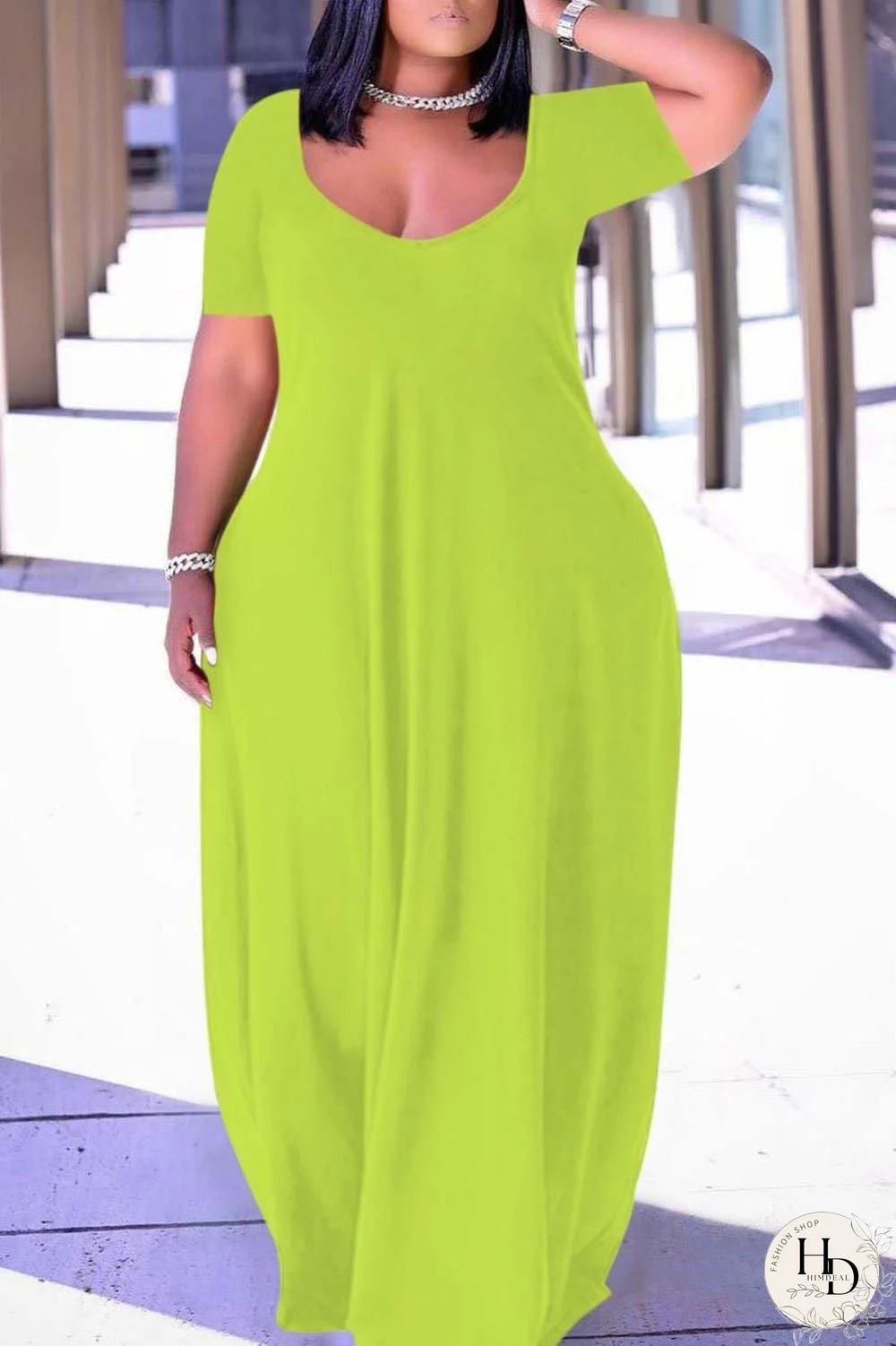 Pink Fashion Casual Plus Size Solid Patchwork V Neck Short Sleeve Dress