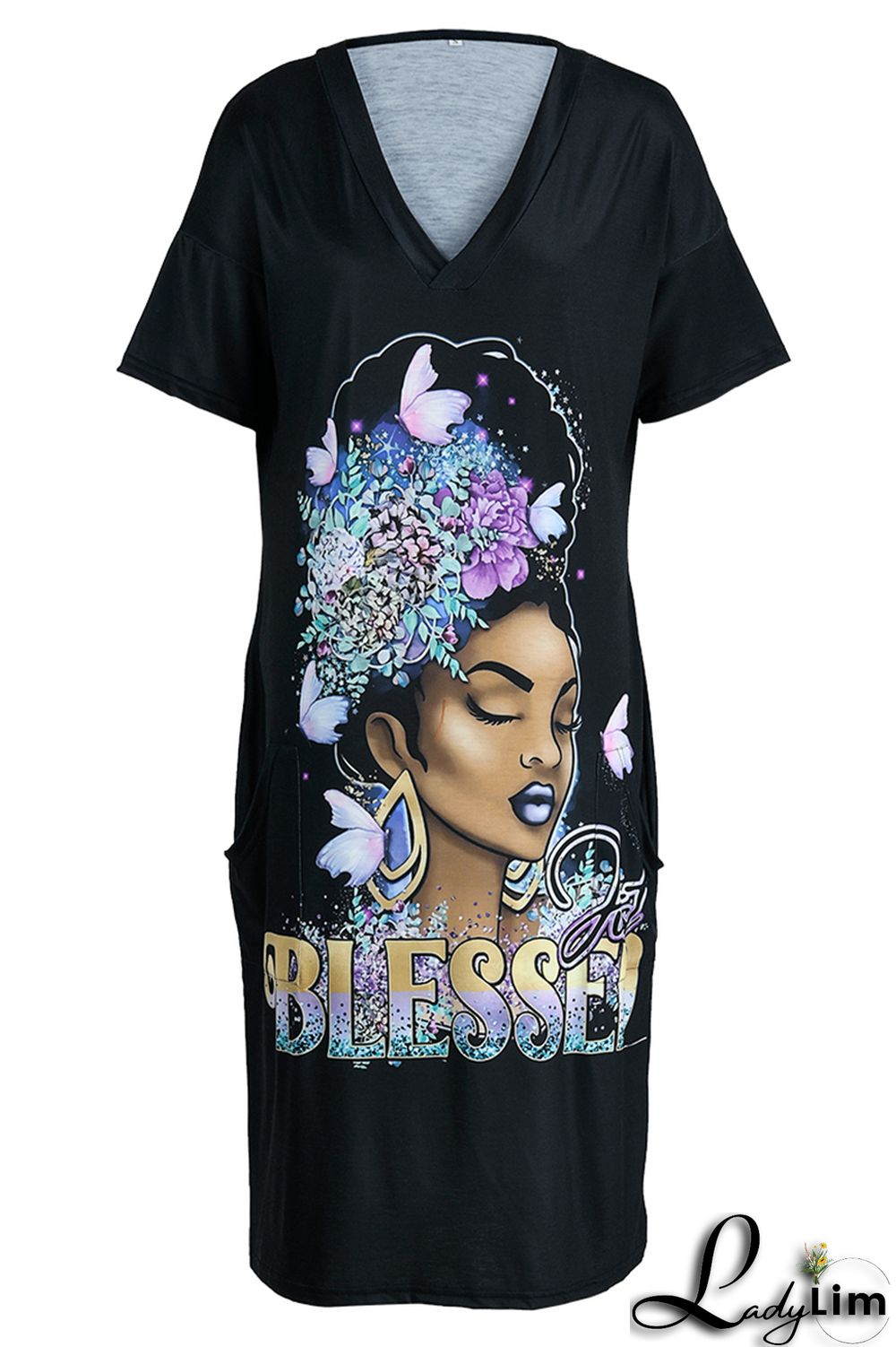 Blue Fashion Casual Print Patchwork V Neck Short Sleeve Dress