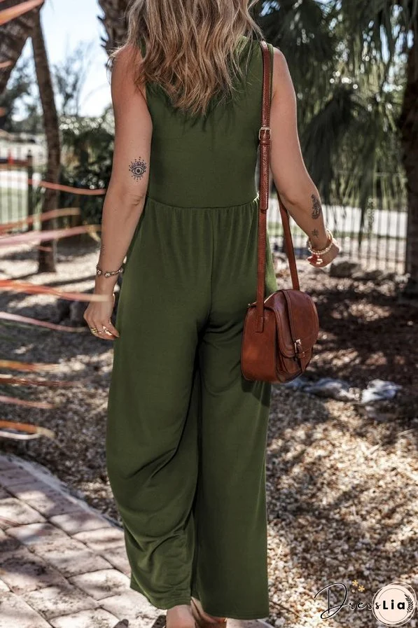 Moss Green Sleeveless V Neck Ruched Wide Leg Jumpsuit