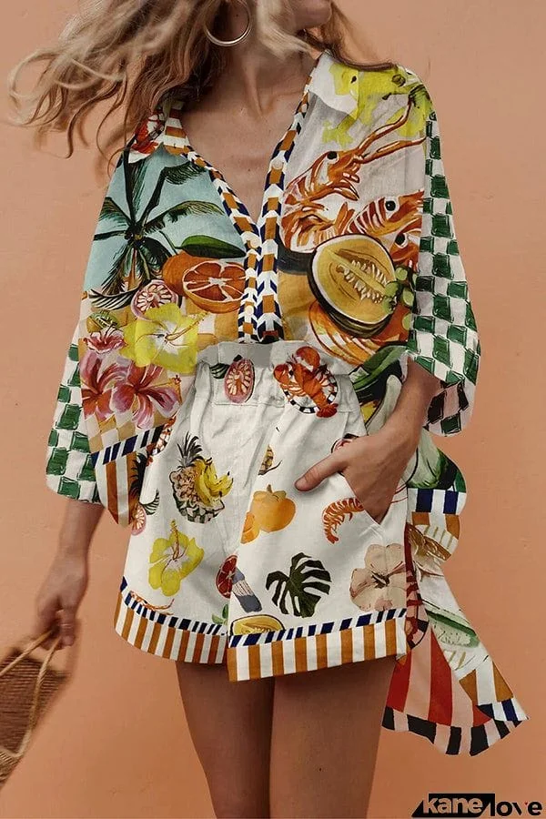 Kaori Linen Blend Tropical Fruit Oversized Blouse and Elastic Waist Pocketed Shorts Set