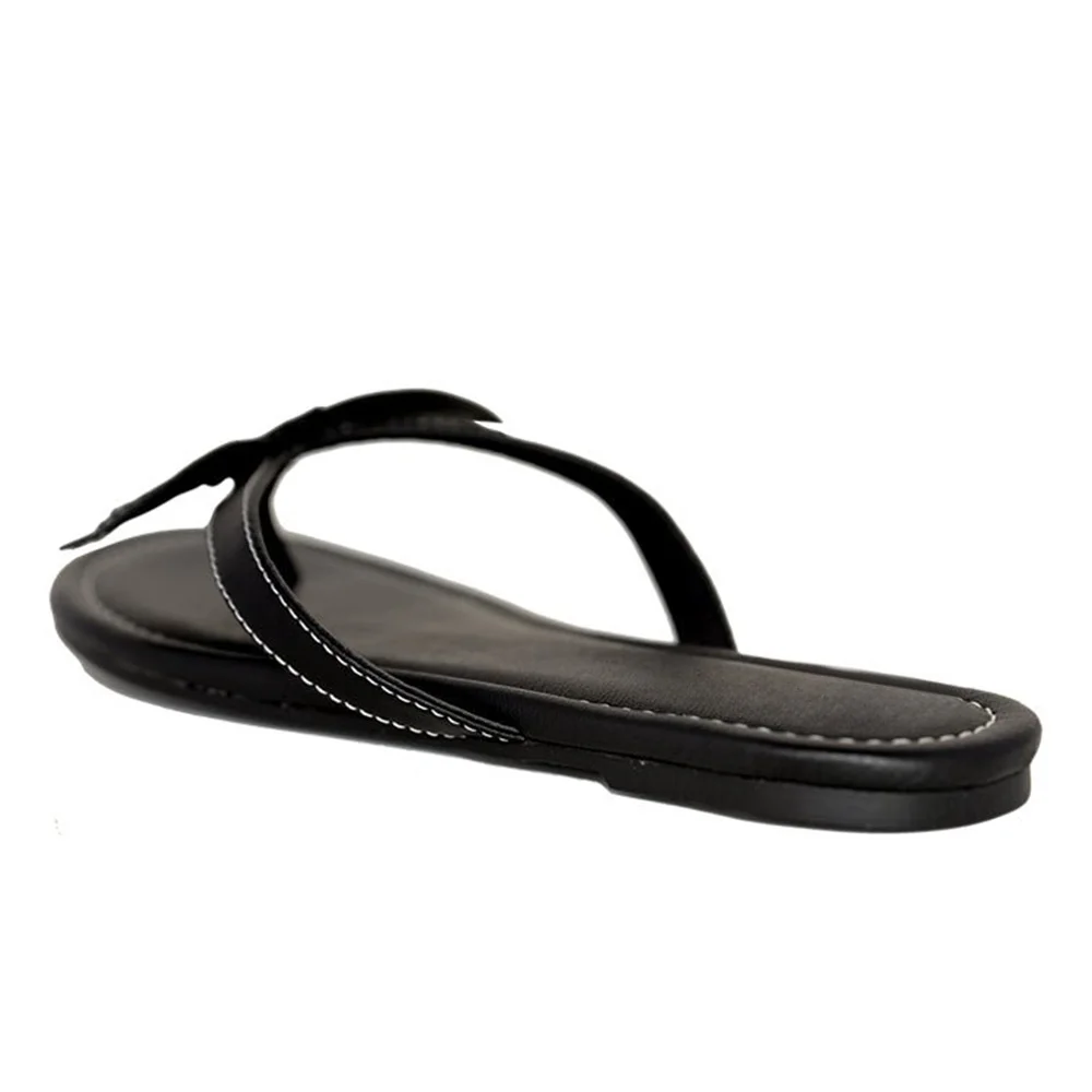 Black Open Toe Flat Bat Top Stitching Casual Flip Flops for Women