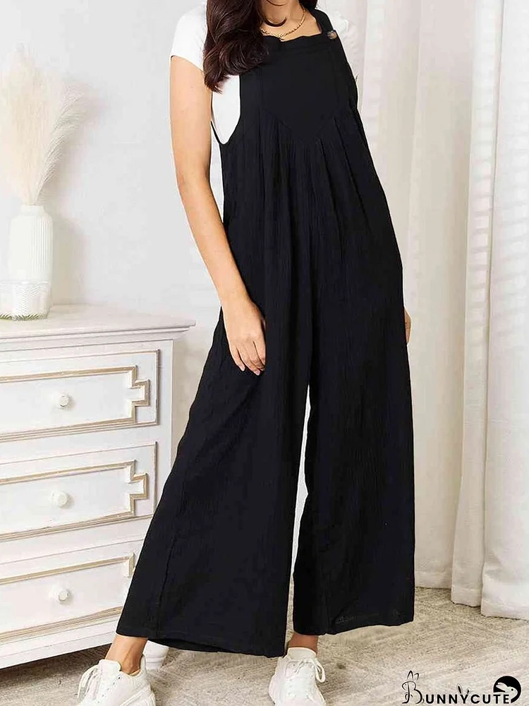 Crinkled Black Wide Leg Jumpsuit with Buttoned Straps