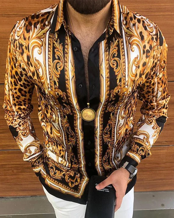 Suitmens Men's Leopard Print Long Sleeve Shirt 007