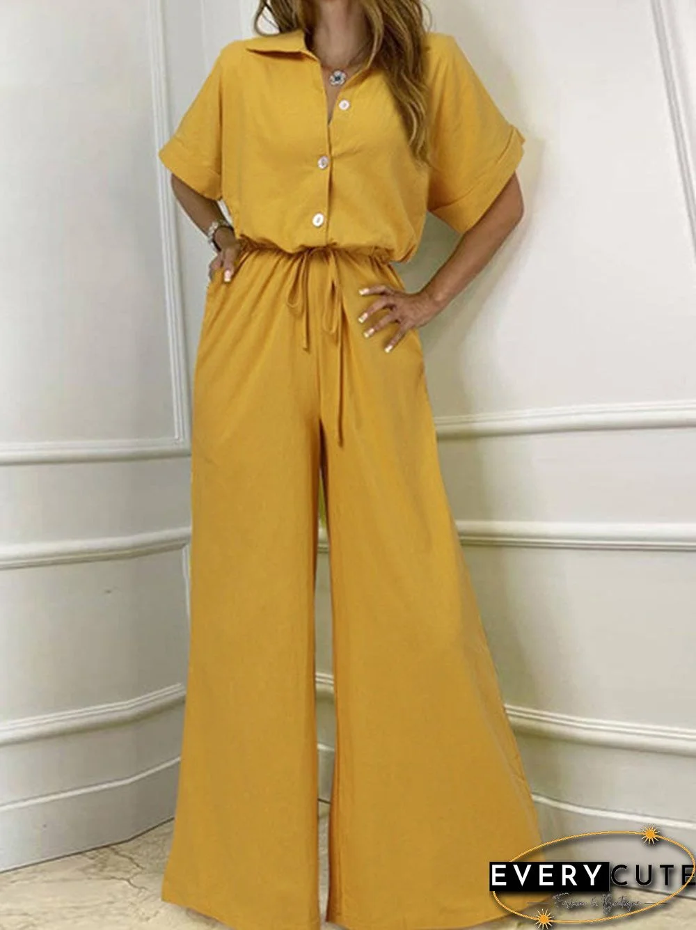 Women'S Jumpsuits Lapel Button Short Sleeve Belted Wide Leg Jumpsuit