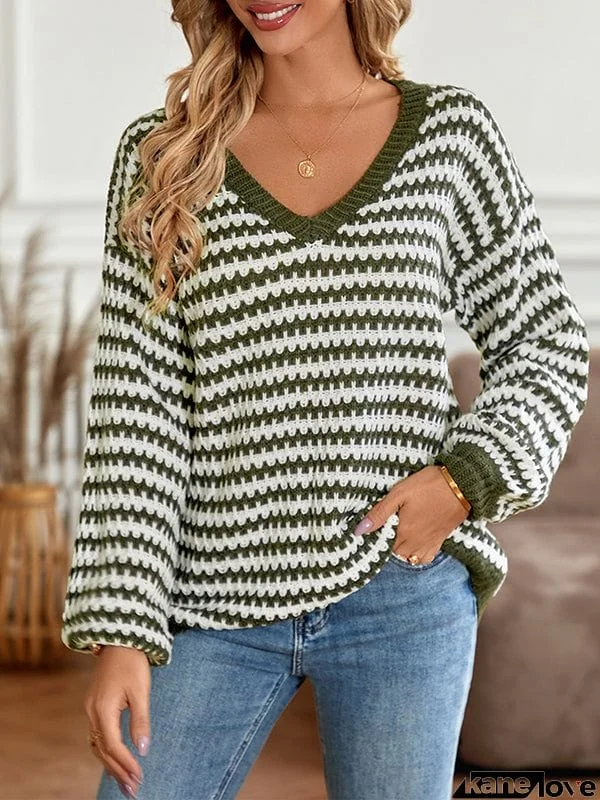 Long Sleeves Loose Striped V-Neck Pullovers Sweater Tops