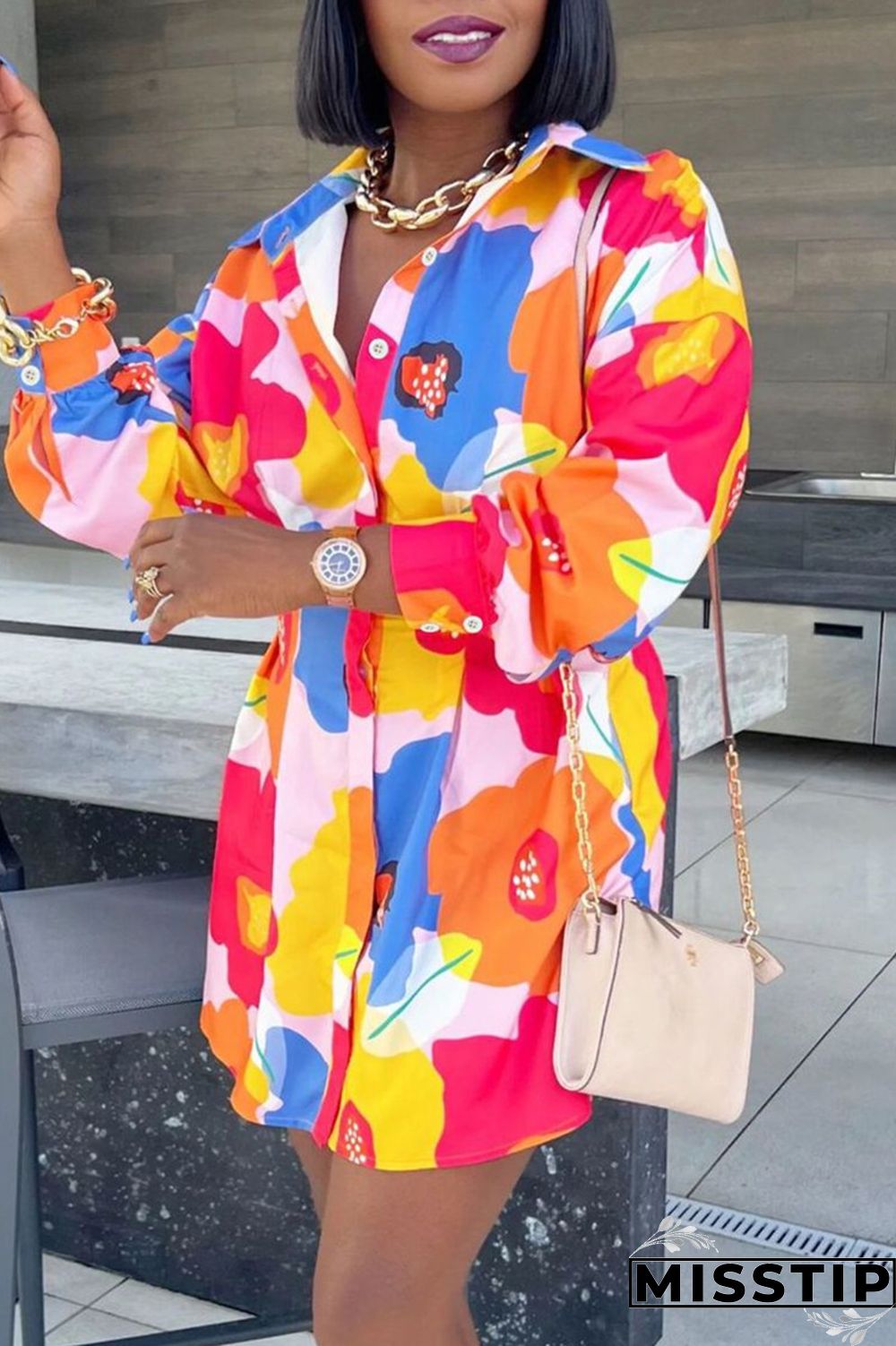 Multicolor Casual Print Patchwork Turndown Collar Long Sleeve Dresses
