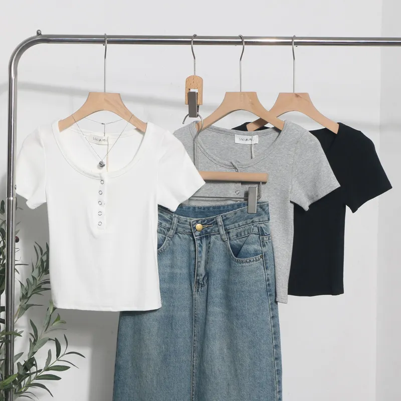 Uveng Explosion Recommended Spice Girls Shoulder Short Sleeve T-Shirt Girl Summer Body Tight Short Buckle Buckle Coat 6657