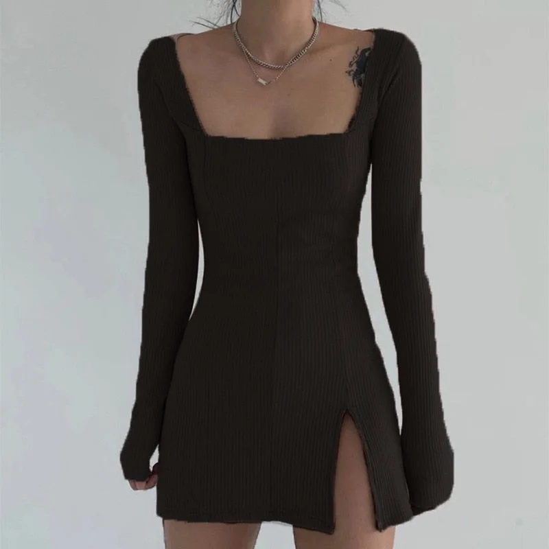 New Spring Long Sleeve Dress Women'S Slim Sexy Mini Dresses Square Collar Bottom Slit Fashionable Dress Khaki