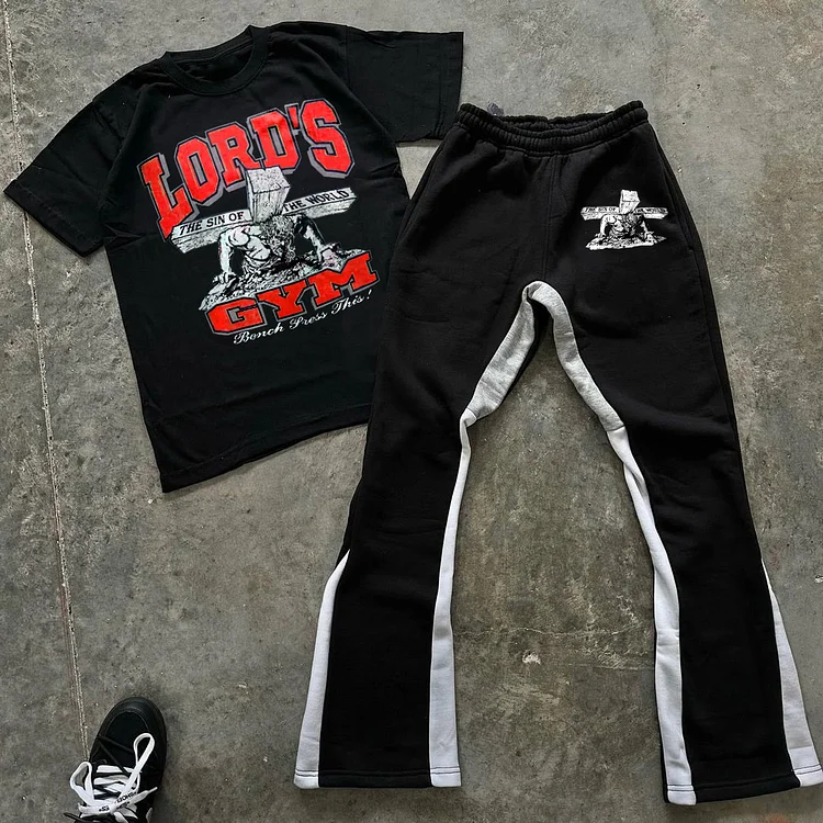 Casual Lord’s Gym Print Tee & Flared Trousers Two Piece Set