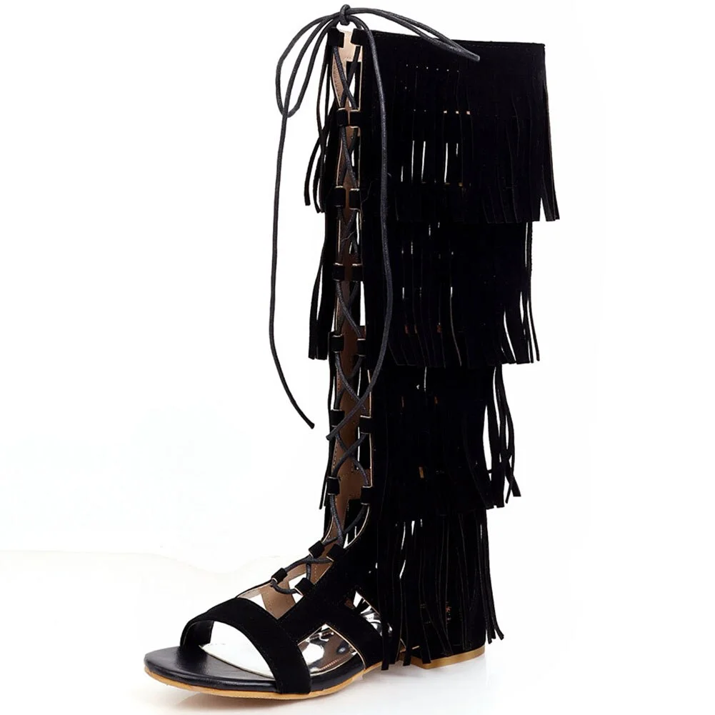 Retro Lady Summer Sandals Roman Fringe Tassels Lace-up High Top Sandals Women Casual Holiday Consise Shoes Woman