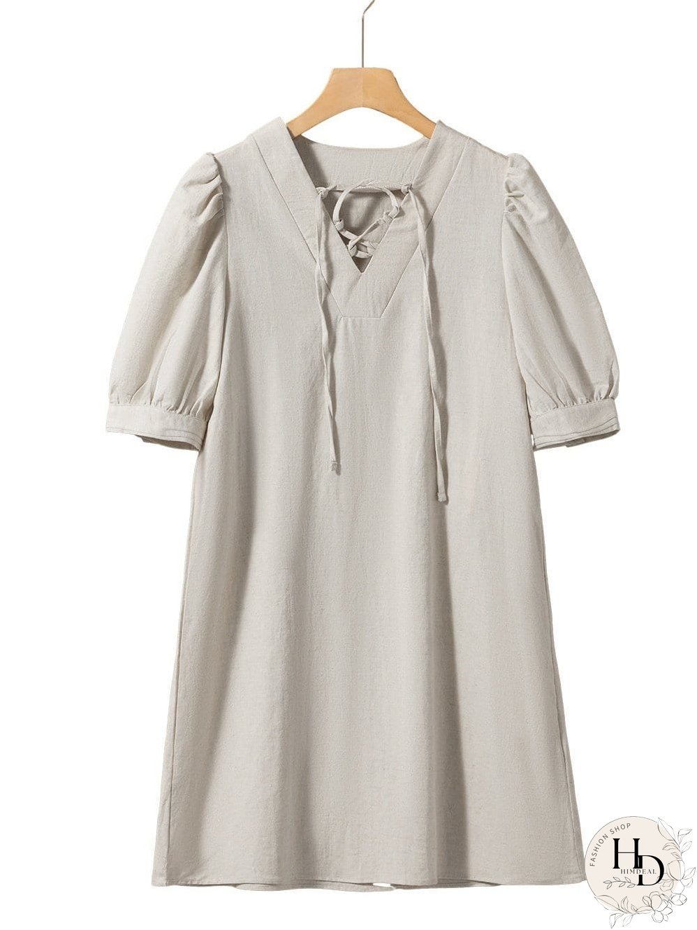 Elegant Beige Bubble Sleeve V-Neck Short Shift Dress