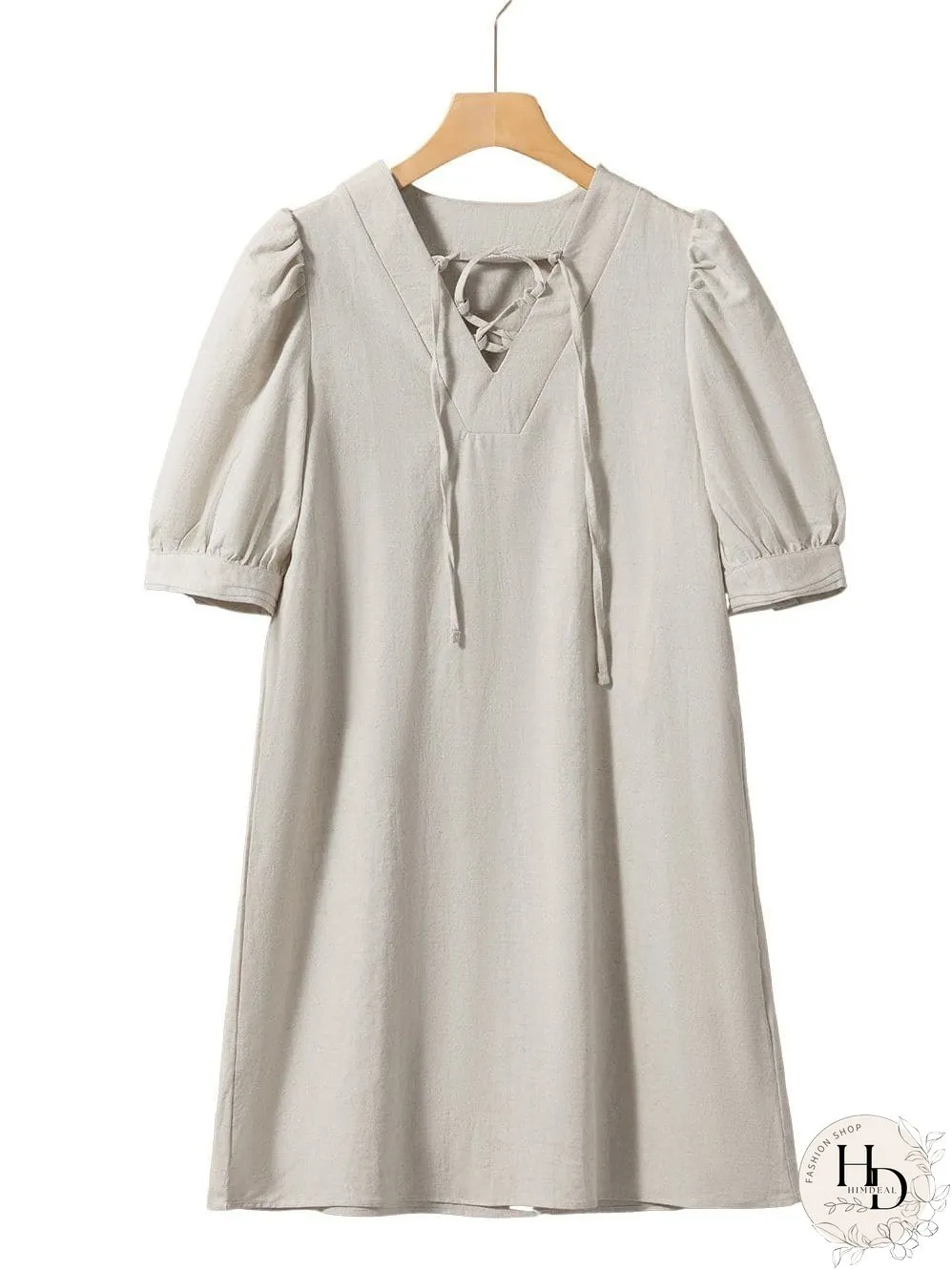 Elegant Beige Bubble Sleeve V-Neck Short Shift Dress