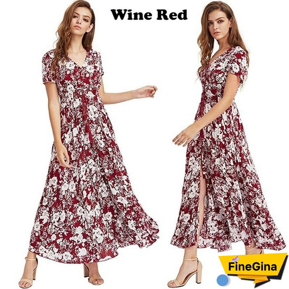 Womens Fashion Bohemian V Neck Print Big Swing Long Dress Plus Size