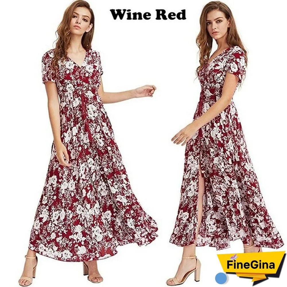 Womens Fashion Bohemian V Neck Print Big Swing Long Dress Plus Size