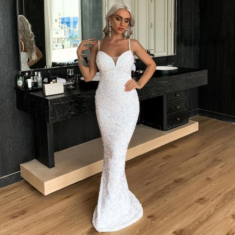 Women's Prom Dress Mermaid Sequin Maxi Spaghetti Strap Bodycon Dress