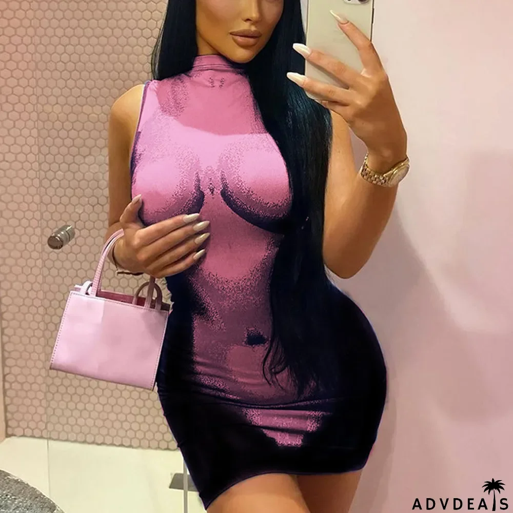 3d printing dress slim fit Round Neck sleeveless Tight Fitting Bodycon Dress