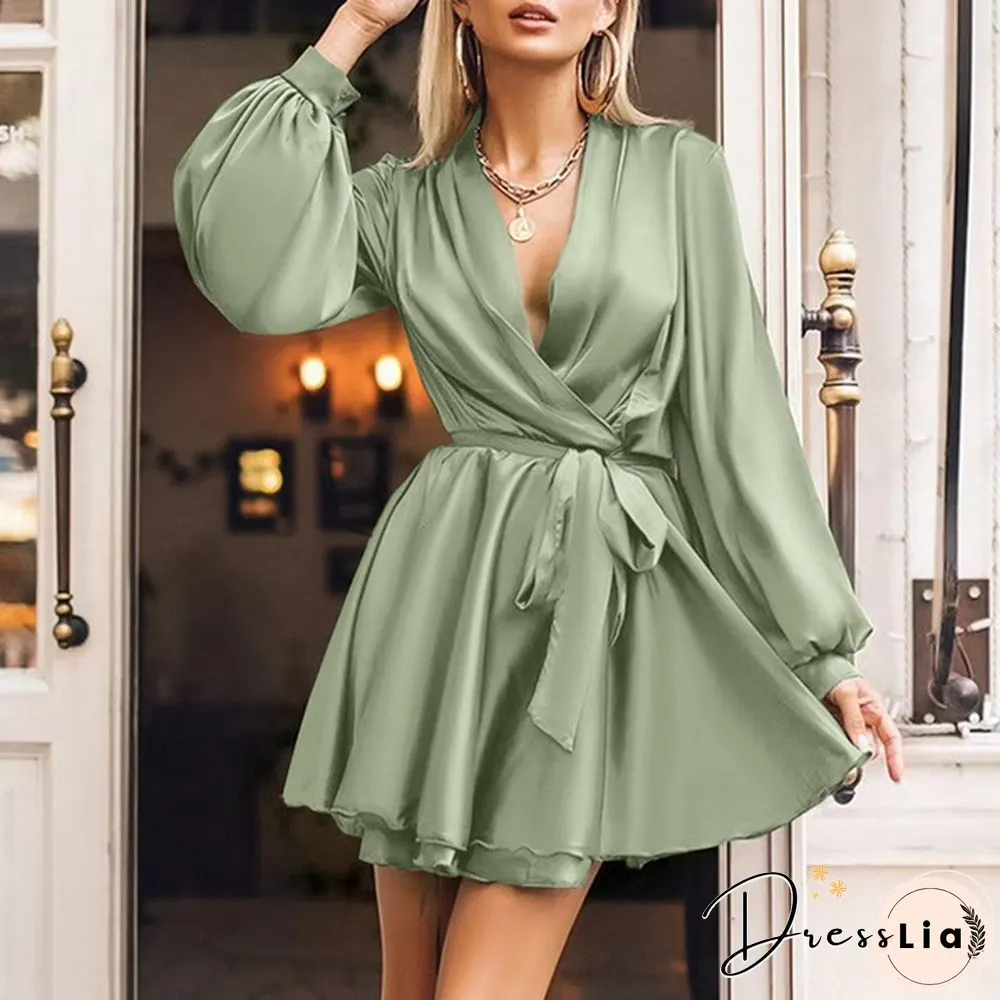 Autumn Women Lantern Long Sleeve Mini Dress Neck Party Casual Swing Wrap Line Plus Size